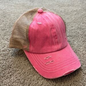 C.C. Crisscross Ponytail Hat Distressed Pink Tan Mesh Adjustable NWT